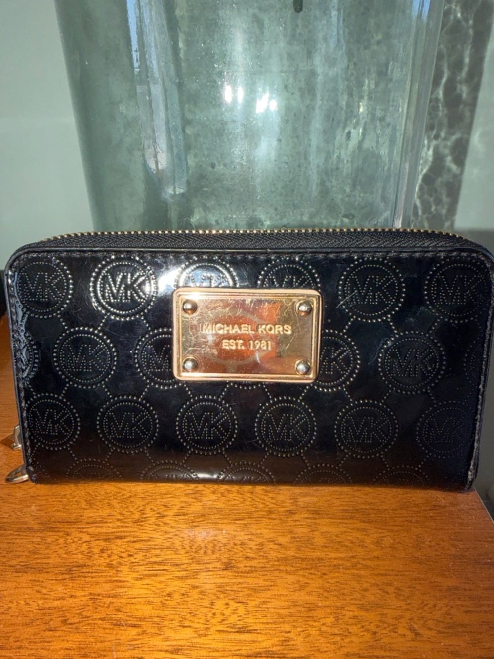 Michael Kors Black Patent Leather Embossed MK Zip Wallet with Gold Plate